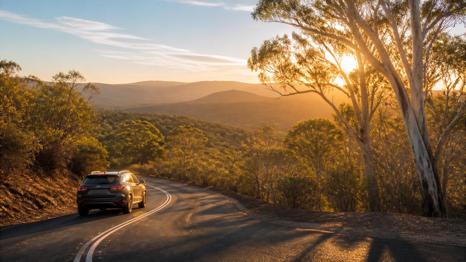 Car driving through Australian bushland at golden hour