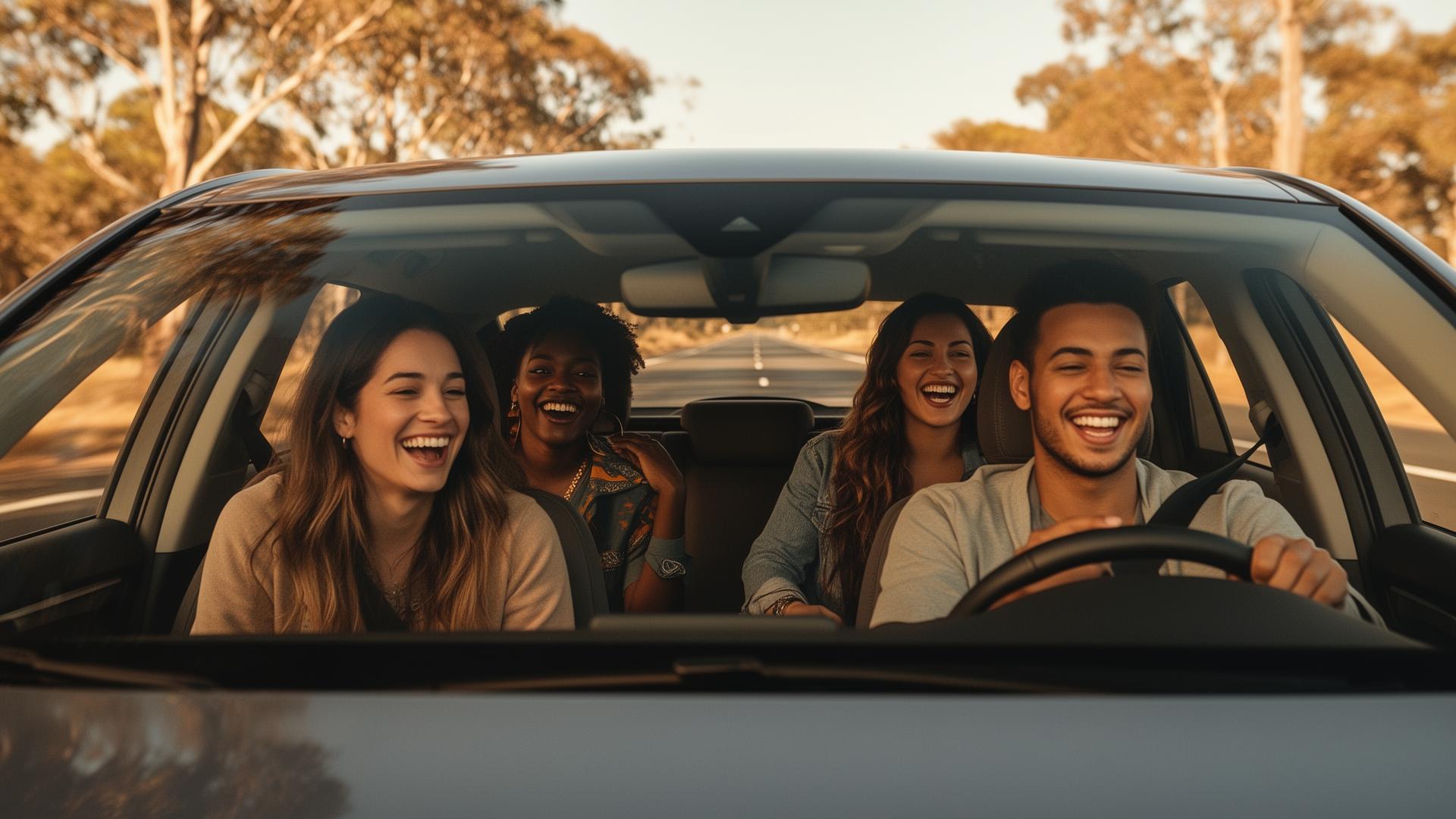 Friends carpooling together on an Australian highway